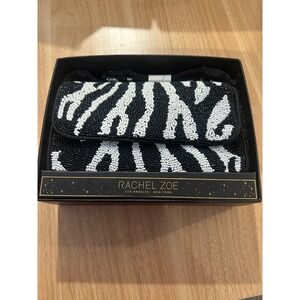 Rachel Zoe Beaded Clutch Zebra Print Black White Evening Bag